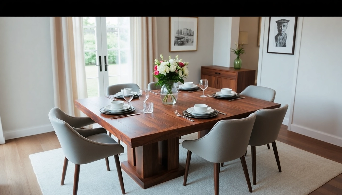 Custom dining table made from solid walnut in a modern dining room setting.