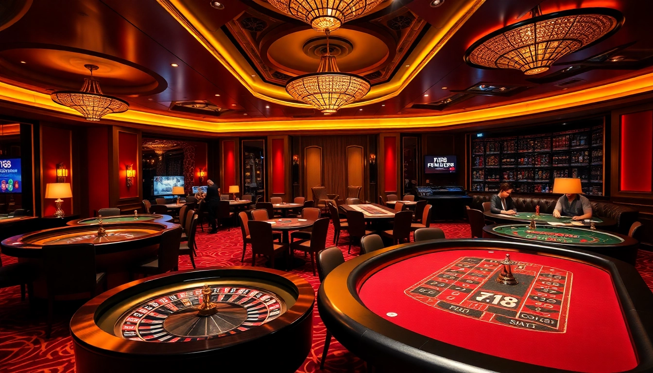 Engaging players at casino tables showcasing F168 branding, with vibrant decor and luxurious elements.