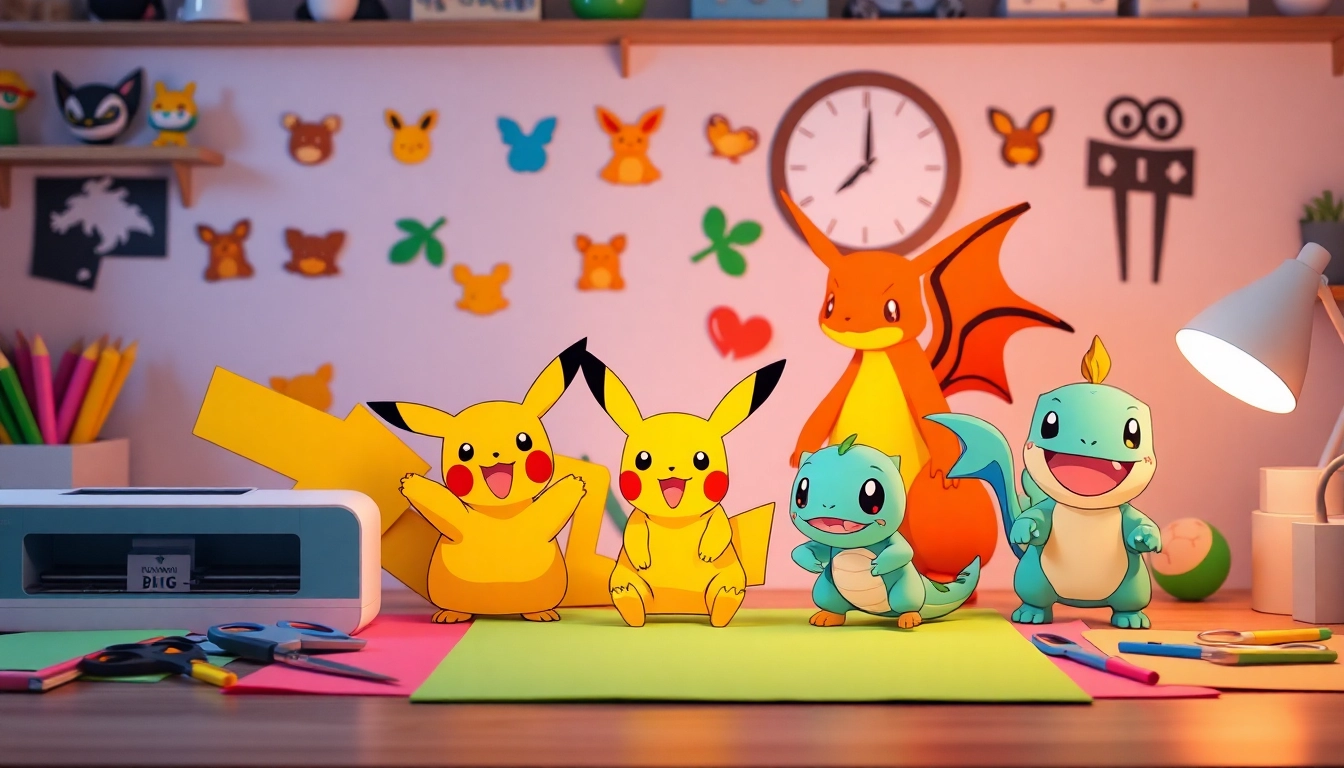 Creative workspace showcasing vibrant pokemon svg designs with crafting tools.