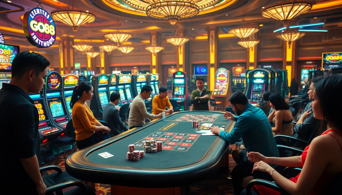 Players enjoy an exciting game at the GO88 casino table, with vibrant slot machines in the background.