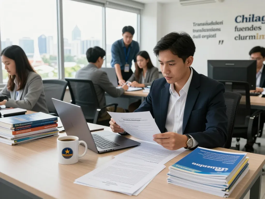 Professional translator at work providing Translation Services in Chiang Mai with documents, laptop, and collaborative office setting.