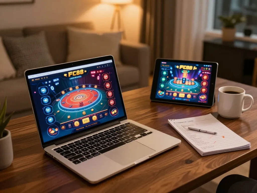 Play online casino games at FC88 in a cozy home setting with a vibrant gaming setup