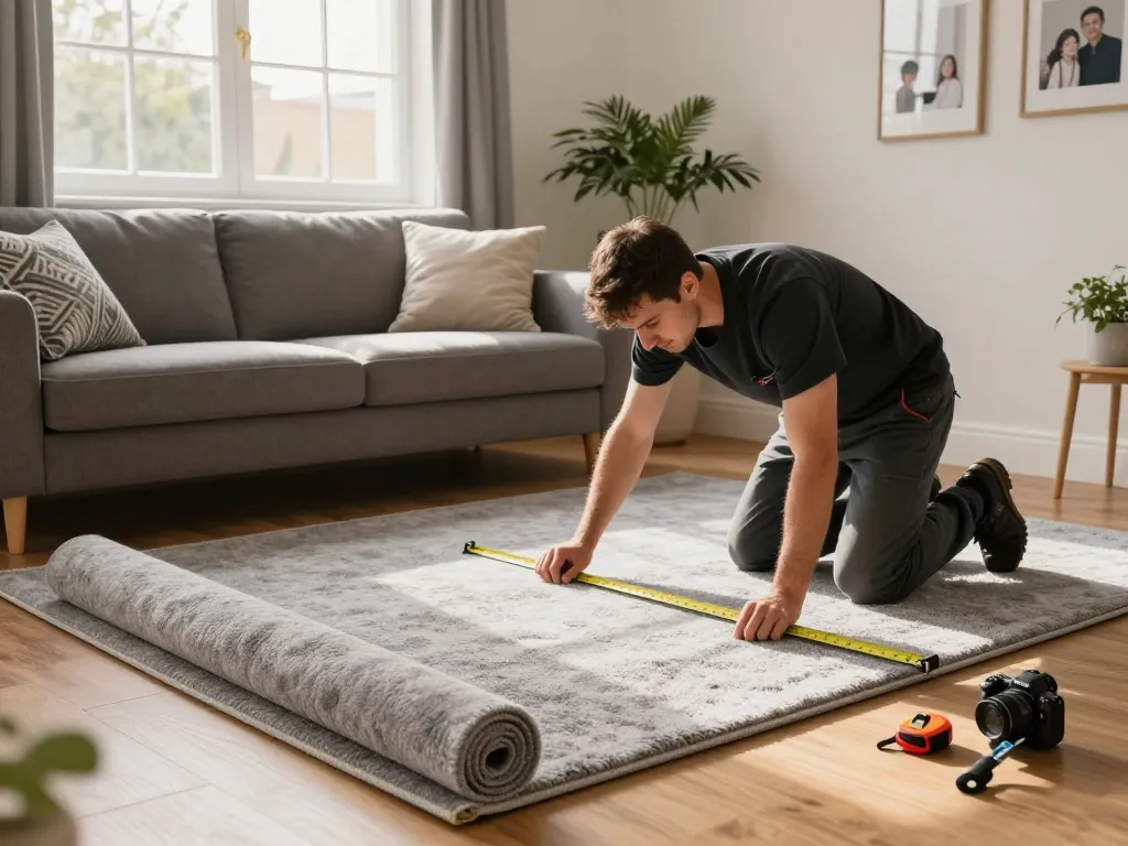 Expert carpet fitting services West London with skilled fitter laying plush carpet in a cozy living room.