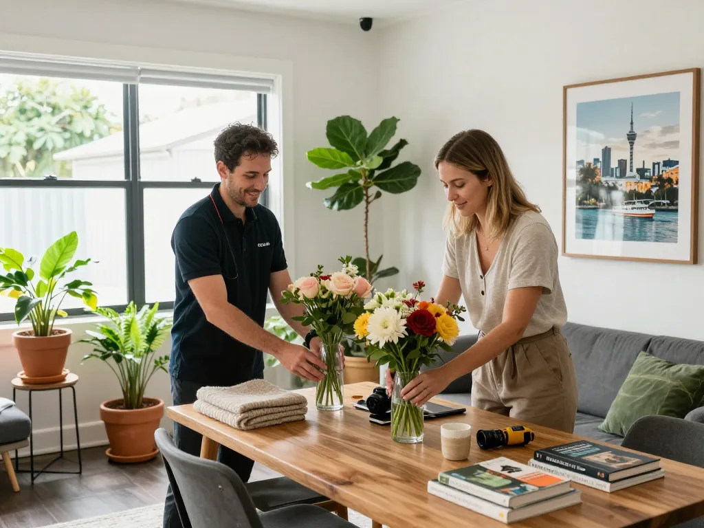 Airbnb management Auckland with local experts arranging a beautifully styled rental space.