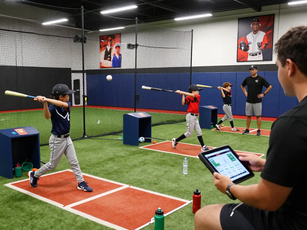 Young athletes training at Hitclub batting cages, showcasing action and engagement in a vibrant sports setting.