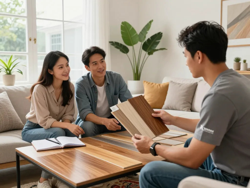 Flooring specialists near me advising a couple on flooring options in a sunny living room.