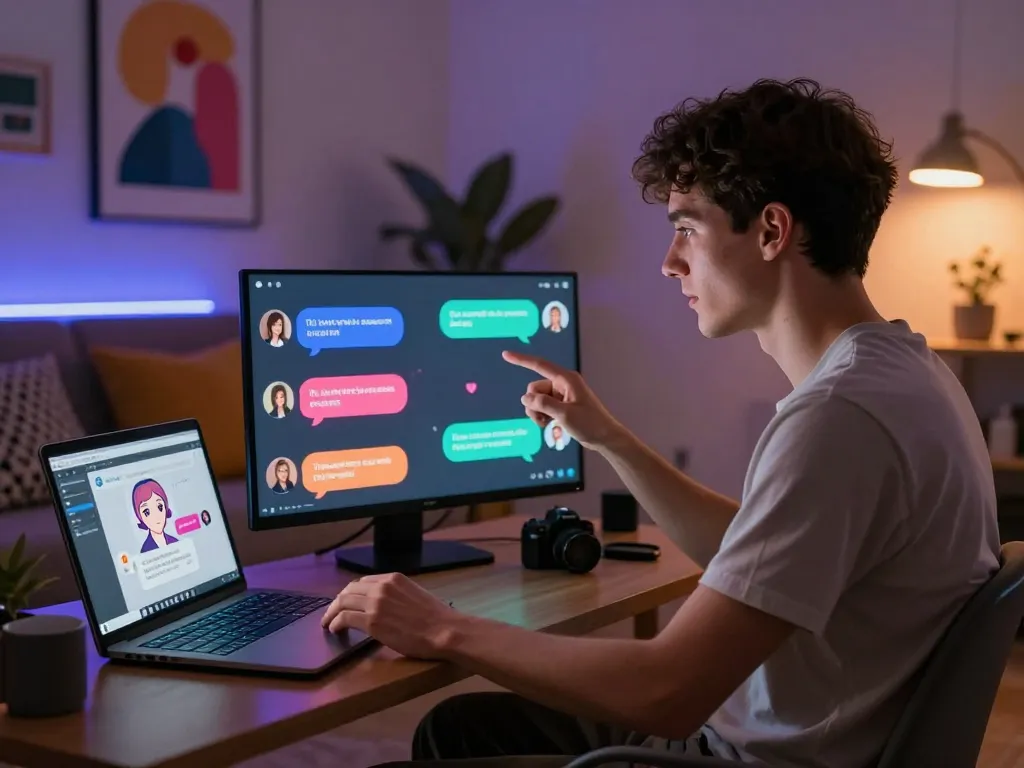 Young adult male engaging in a lively porn chat ai interaction, showcasing a vibrant chat interface in a modern setting.