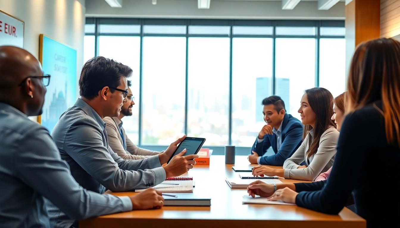 Engaging career coaching session with diverse participants discussing strategies in a modern office.