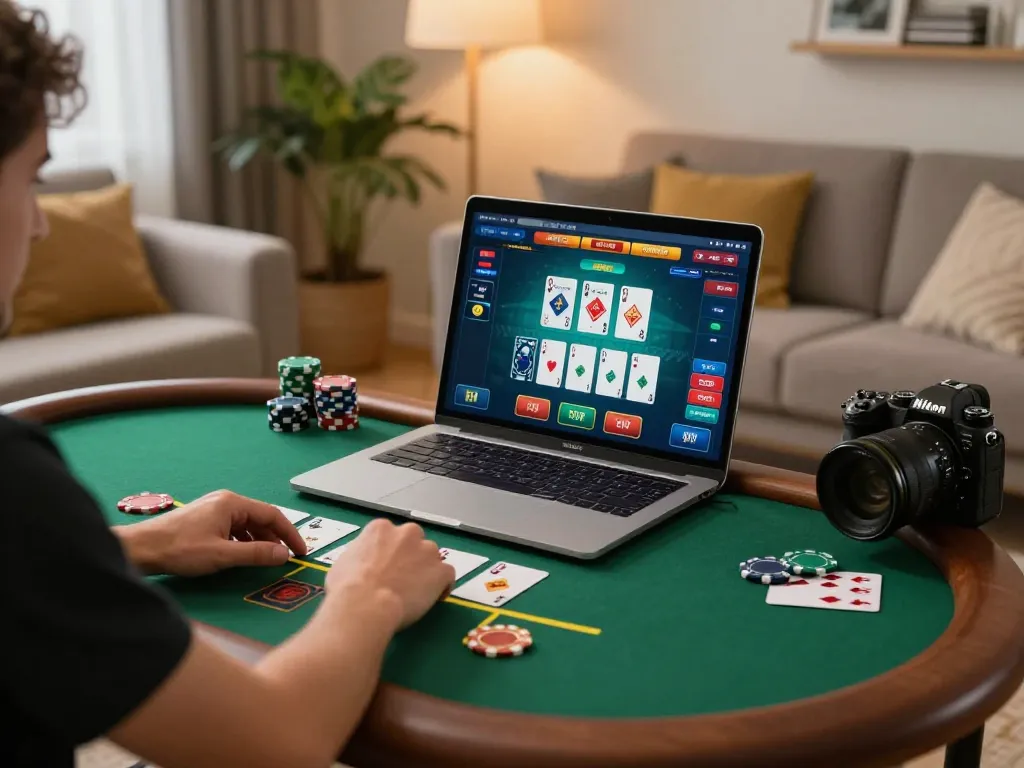 Engaging in an online blackjack game through FC88, showcasing vibrant gameplay and cozy home atmosphere.