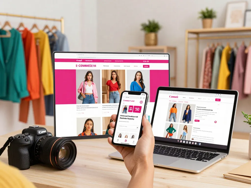 Sun win online shopping scene with trendy fashion items and vibrant e-commerce displays.