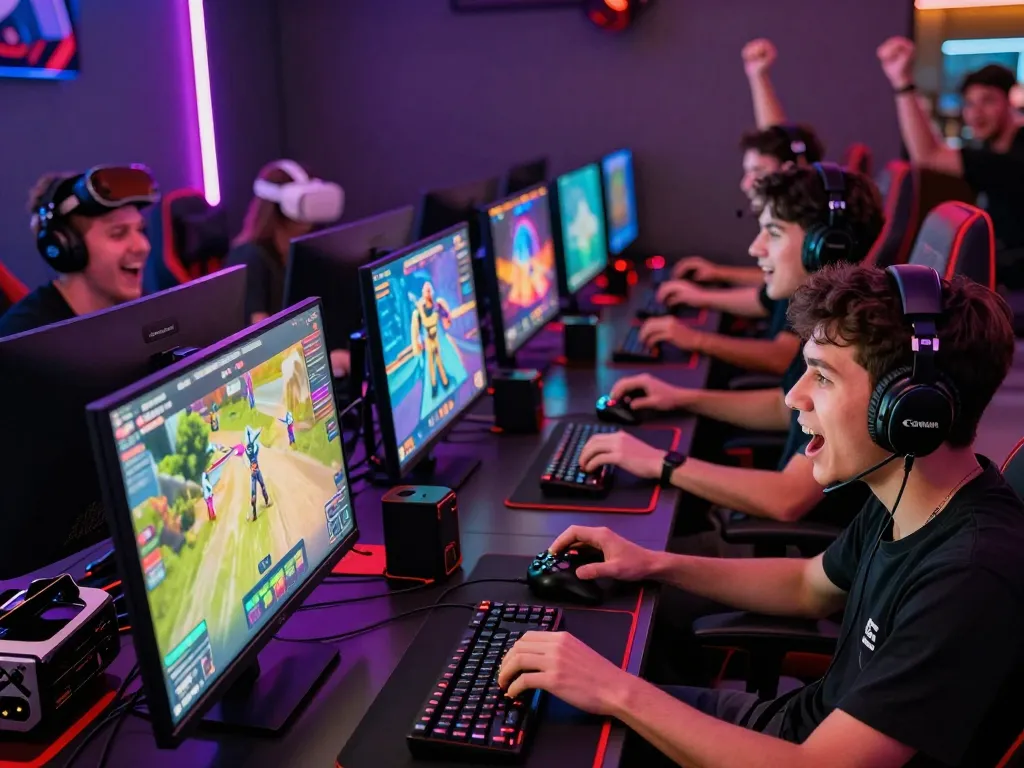 Engaged players enjoying the sun win gaming platform in a vibrant gaming lounge.