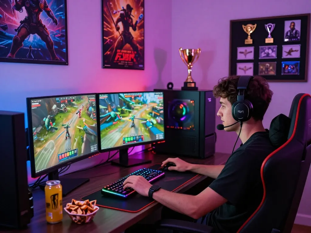 Engaging online gaming atmosphere featuring the keyword bomwin with vibrant LED lights and a gamer in action.