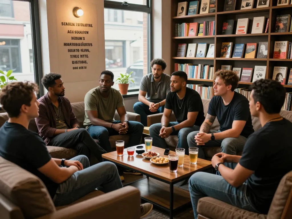 Men at a manclub gathering, engaging in meaningful conversations in a supportive environment.