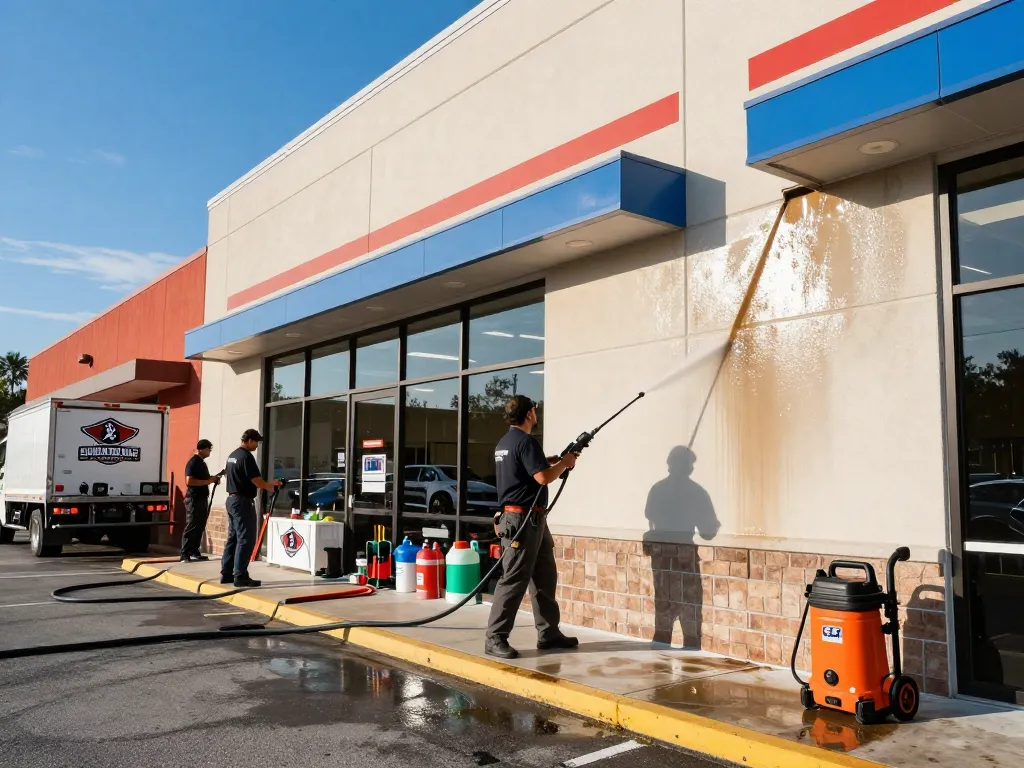 Commercial pressure washing Atlanta team cleaning retail building with high-powered equipment.