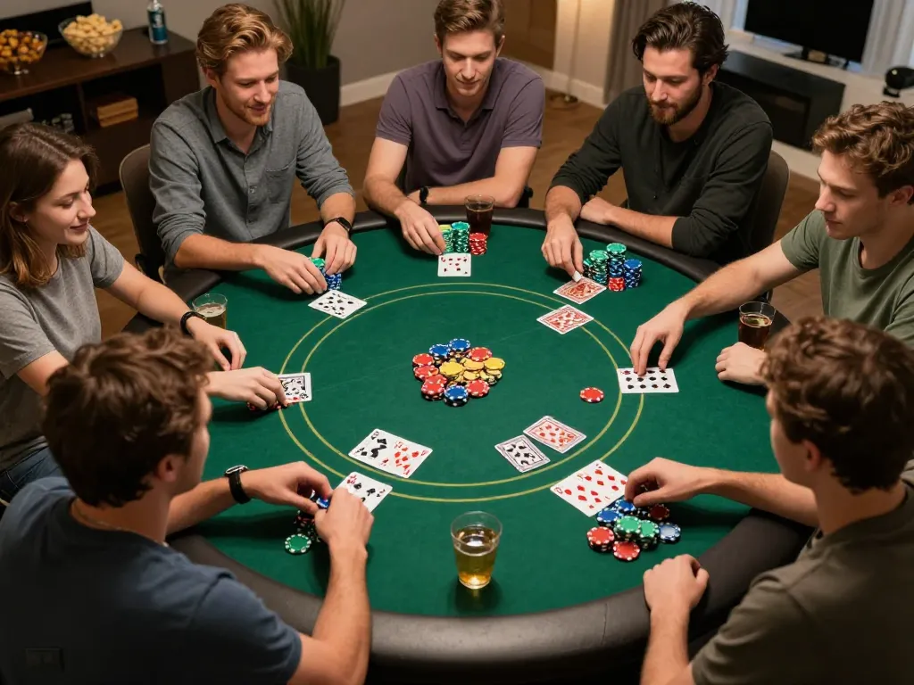 Engaging home poker night with friends using ứng dụng tải lv88 for a lively gaming atmosphere