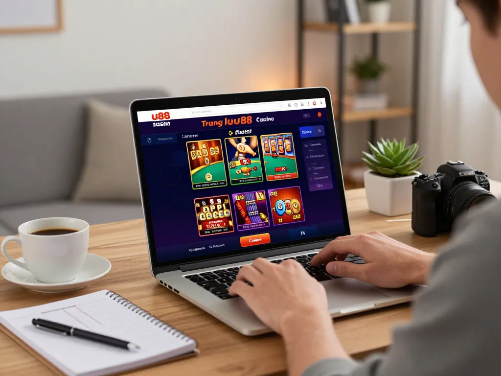 Engaging with trang chủ uu88 through strategic online gaming setup, showcasing poker and slots on laptop.