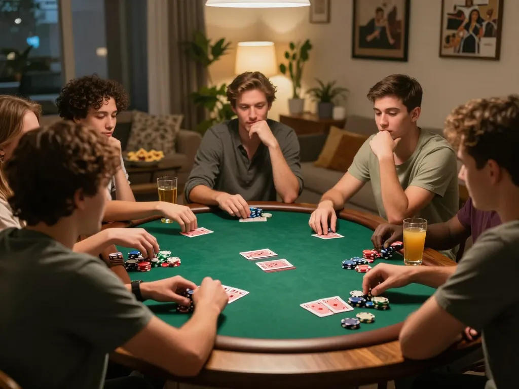 Adegan malam poker yang terinspirasi oleh SBOBET menampilkan teman-teman yang merencanakan strategi dan menikmati permainan mereka