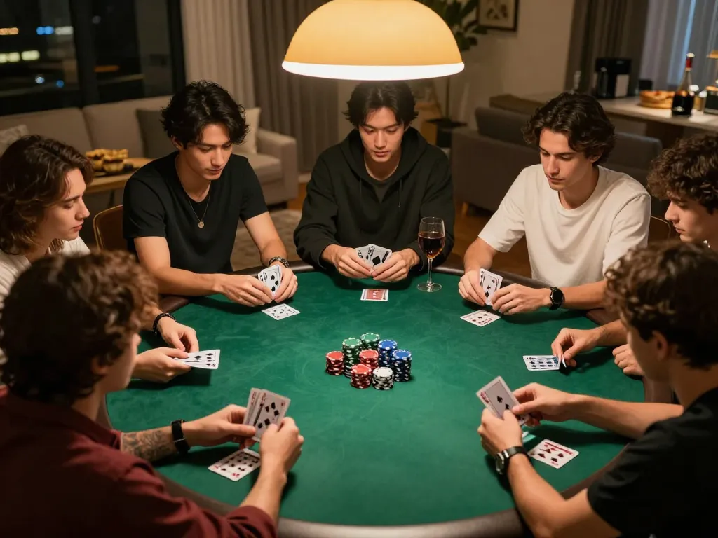 Friends enjoy a perfect HELLO88 poker night, celebrating wins with chips and drinks.