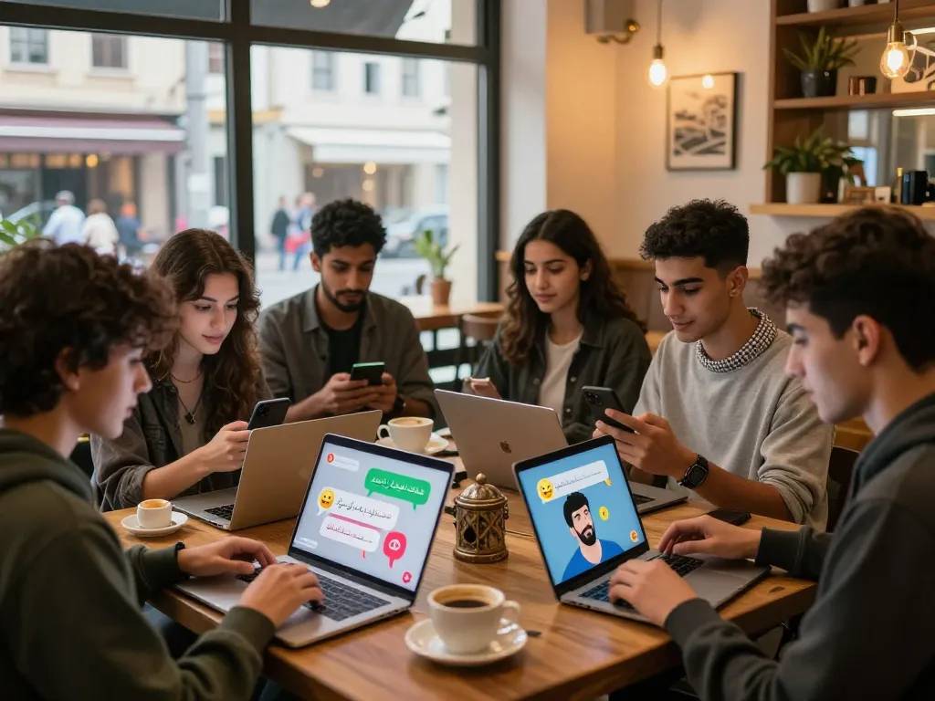 Engaging دردشة فلسطين scene with youth connecting over chat platform in cozy cafe.