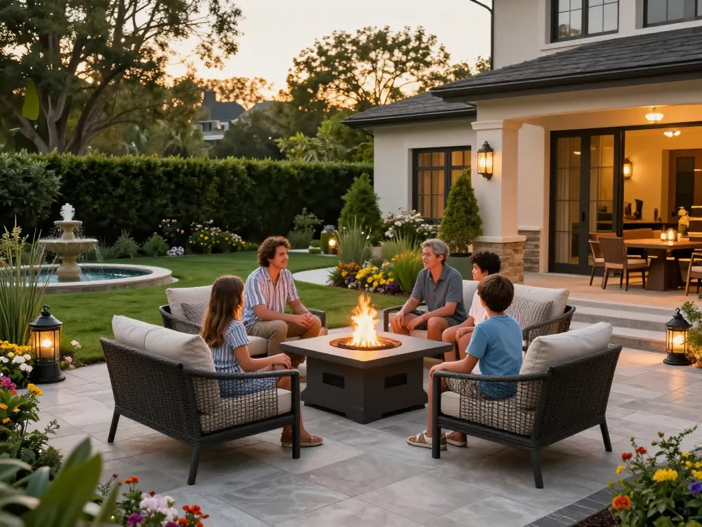 Paver patio near me, showcasing elegant family gathering on a cozy outdoor patio with fire pit and beautiful landscaping.