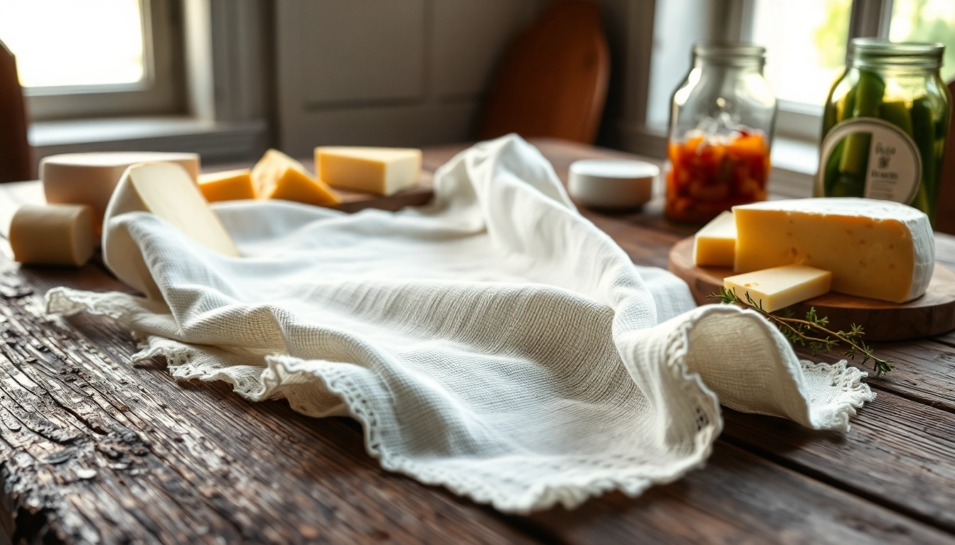 Kaasdoek met artisanal kazen en verse kruiden op een rustieke tafel.
