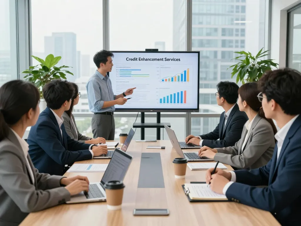 Professionals engaged in strategic planning for credit enhancement services in a modern office setting, highlighting collaborative financial solutions.