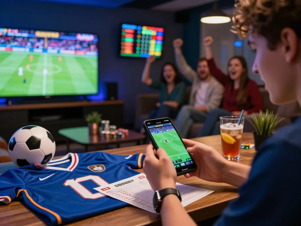 SBOBET user enjoying sports betting in a lively lounge, mobile device in hand and sports gear around.