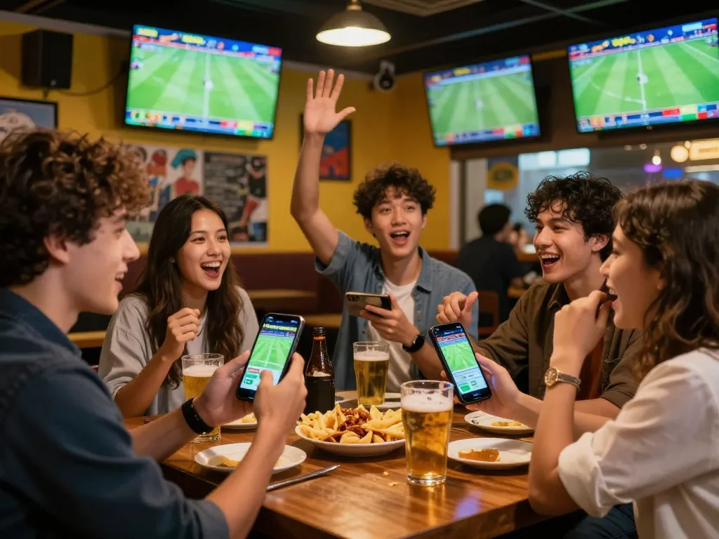 Aplikasi taruhan Judi Bola yang beraksi di bar olahraga yang ramai dengan teman-teman menikmati pertandingan.