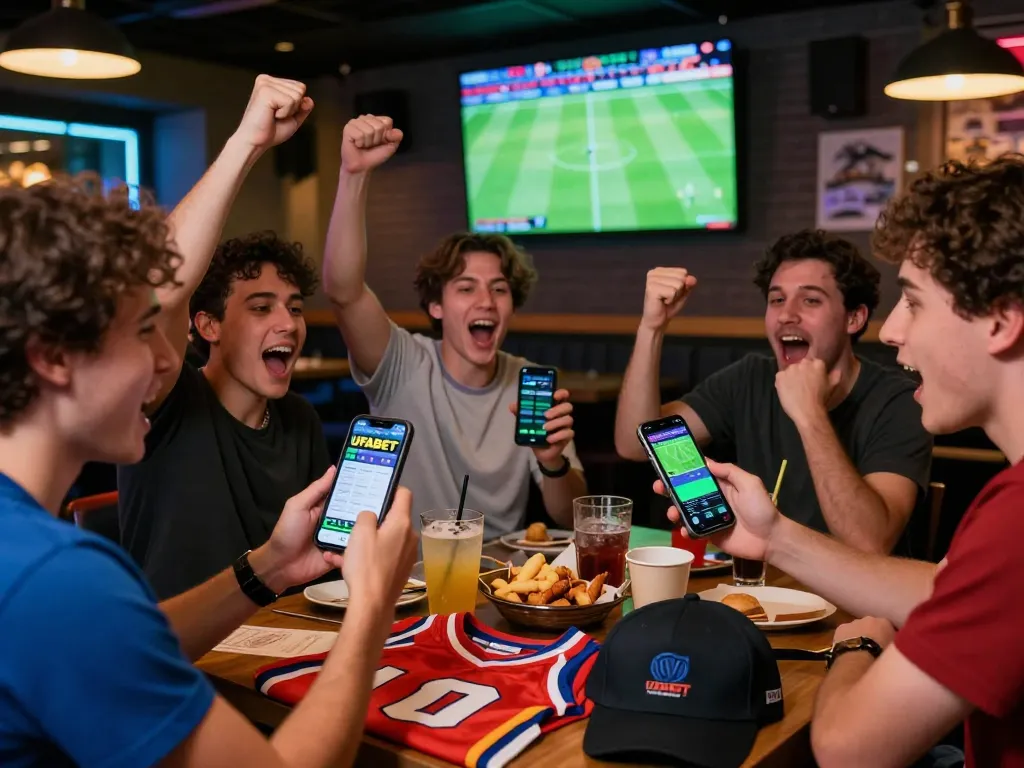 Friends cheering while using UFABET mobile app for live sports betting in a vibrant sports bar.