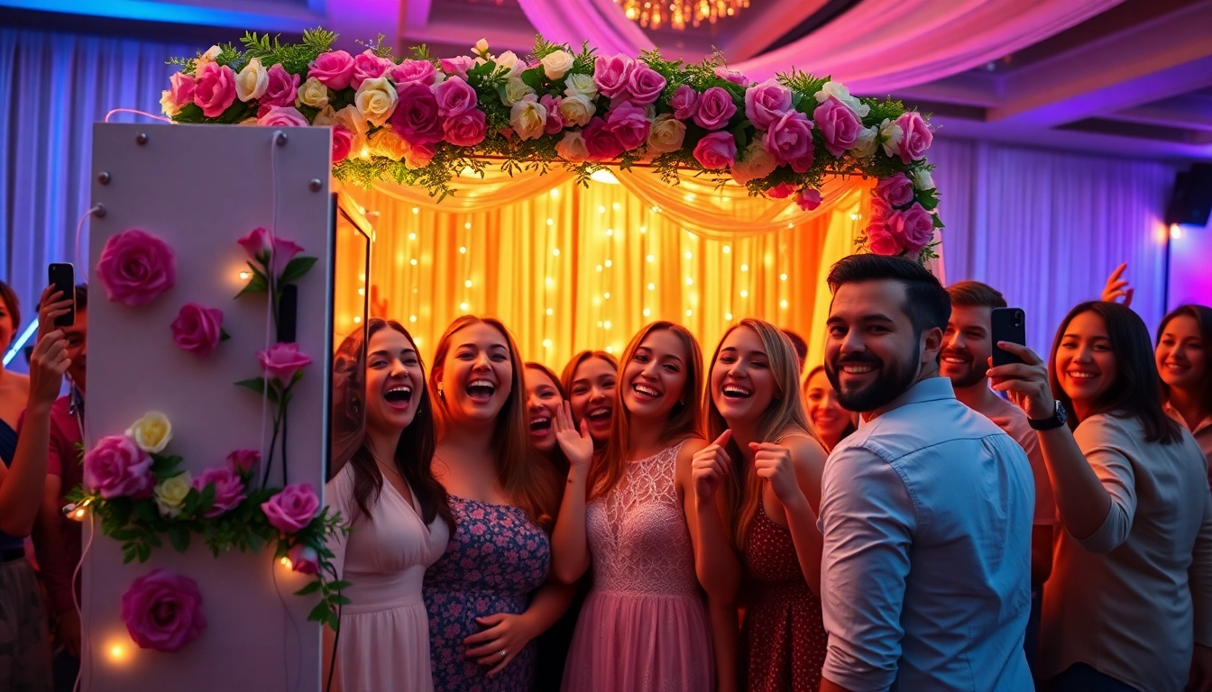 Engaging photo booth rental experience at an event with joyful guests enjoying the setup.