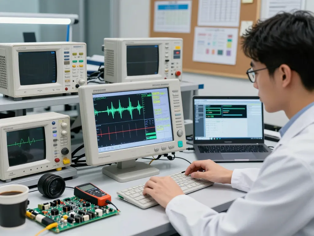 Engineer analyzing the digital oscilloscope vs analog oscilloscope signals in a professional lab environment.
