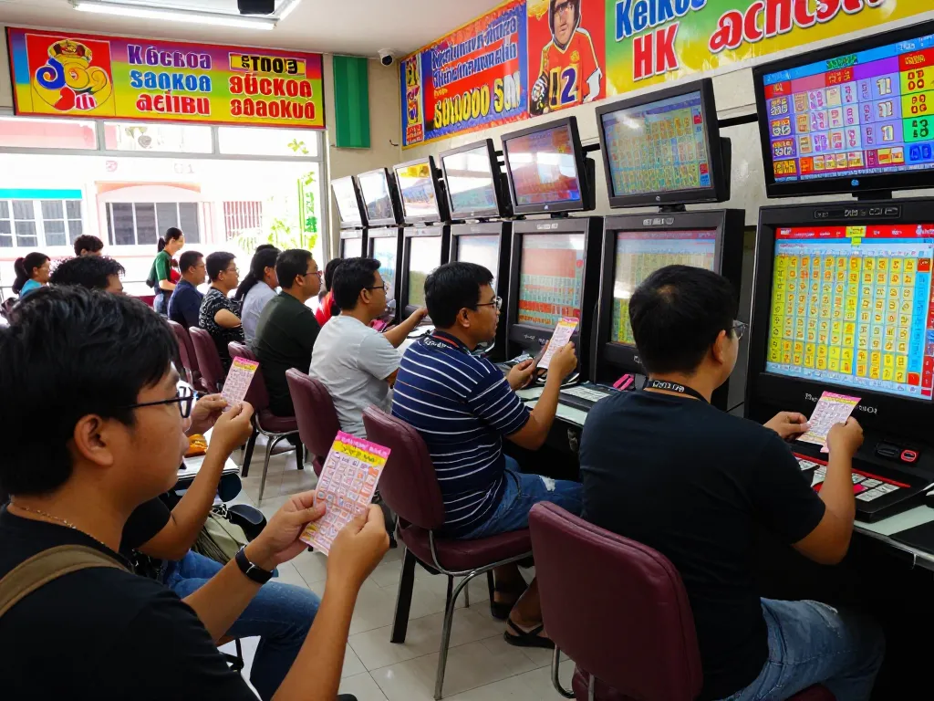 Hasil Keluaran HK Lotto ditampilkan di sebuah aula taruhan lotere yang cerah, dipenuhi dengan pemain bersemangat yang memeriksa tiket.