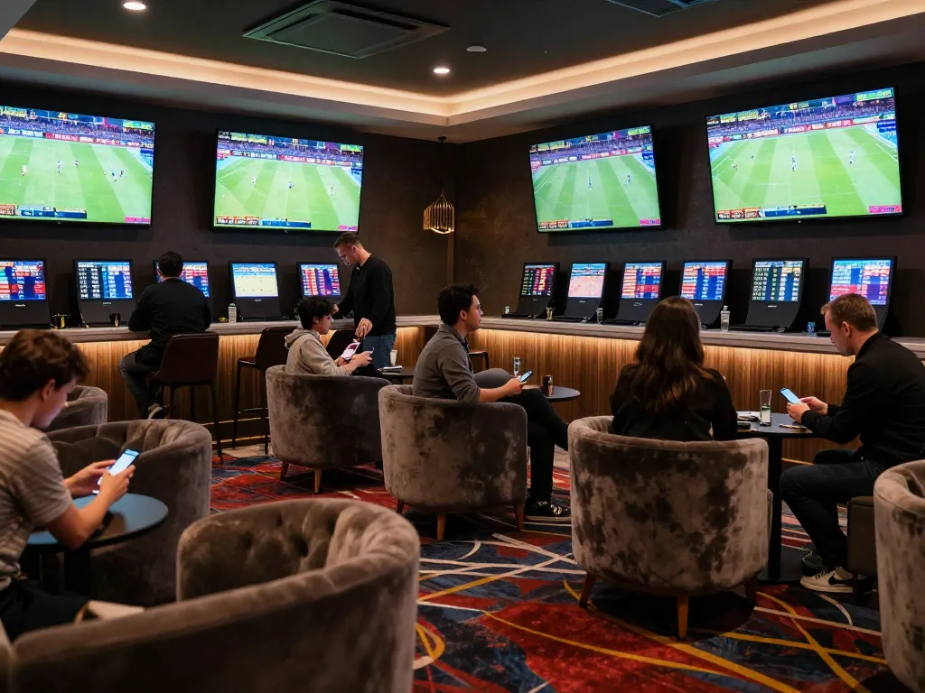 Engaged bettors reviewing soi keo nha cai in a vibrant sports lounge environment