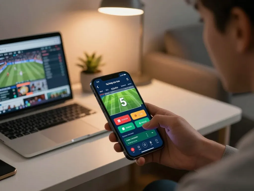 Engaged user checking tỷ lệ kèo nhà cái 5 on smartphone during sports betting session at home