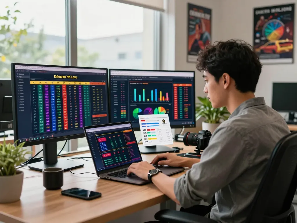 Hasil Keluaran HK Lotto ditampilkan di situs perjudian online modern dengan seorang desainer menganalisis tren data.