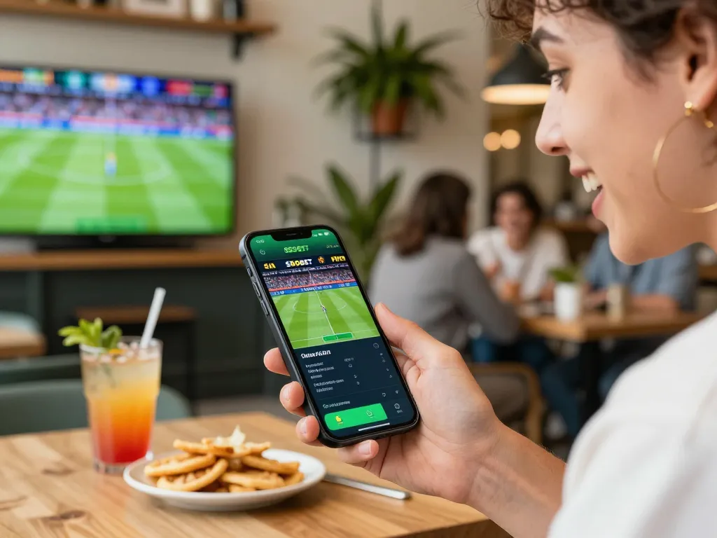 Aplikasi SBOBET ditampilkan di smartphone saat momen taruhan olahraga yang mendebarkan di sebuah kafe.