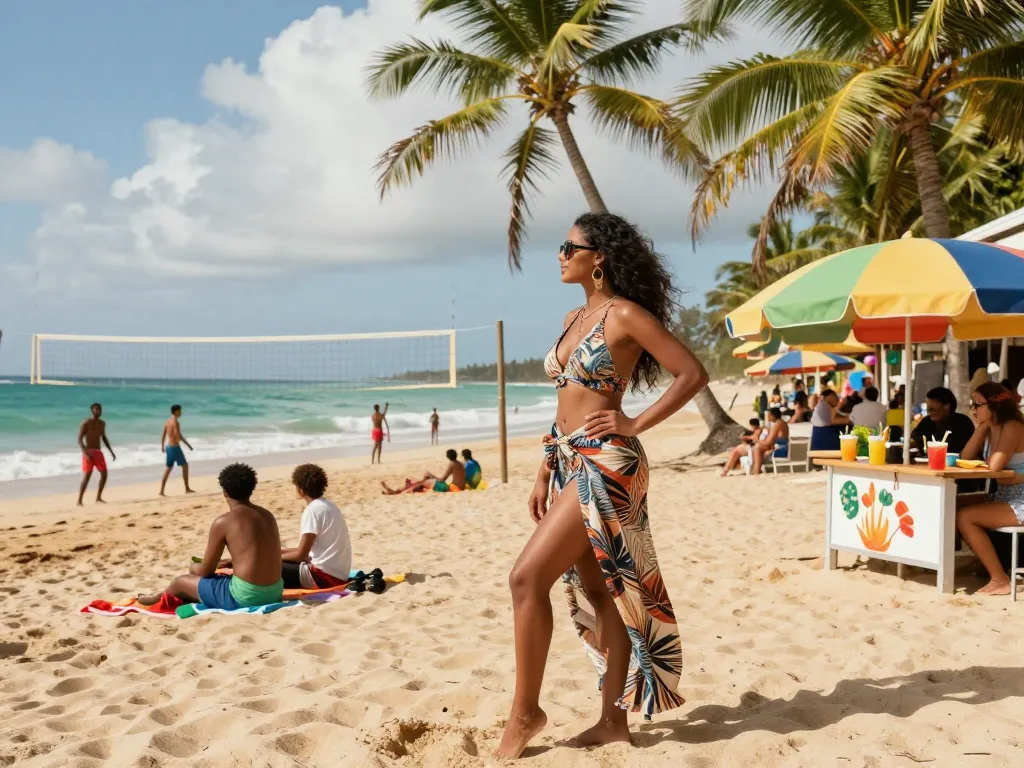 Mombasa escort listings showcasing vibrant beach atmosphere with escort enjoying sun and surf.