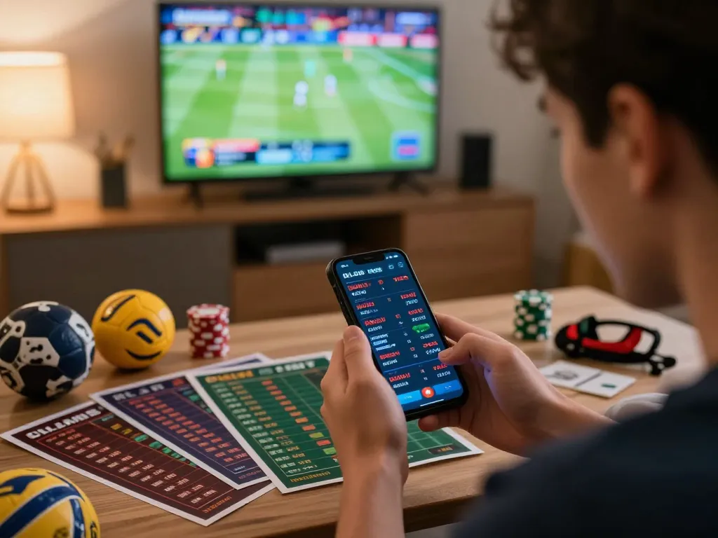 Antarmuka aplikasi taruhan Situs Judi Bola ditampilkan di smartphone di tengah aksi olahraga langsung, meningkatkan pengalaman permainan.