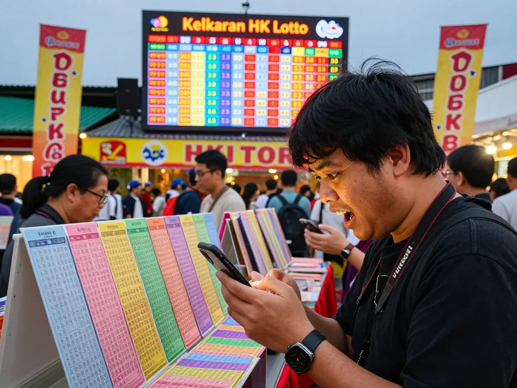 Kegembiraan Keluaran HK Lotto dengan seorang pemain memeriksa hasil lotere dan tiket berwarna-warni dalam suasana yang ramai.