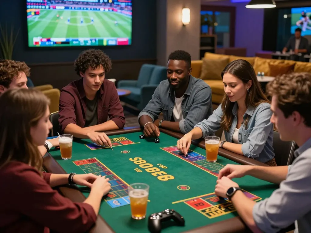 Friends enjoying gaming night at SBOBET88 betting lounge with sports updates and drinks.