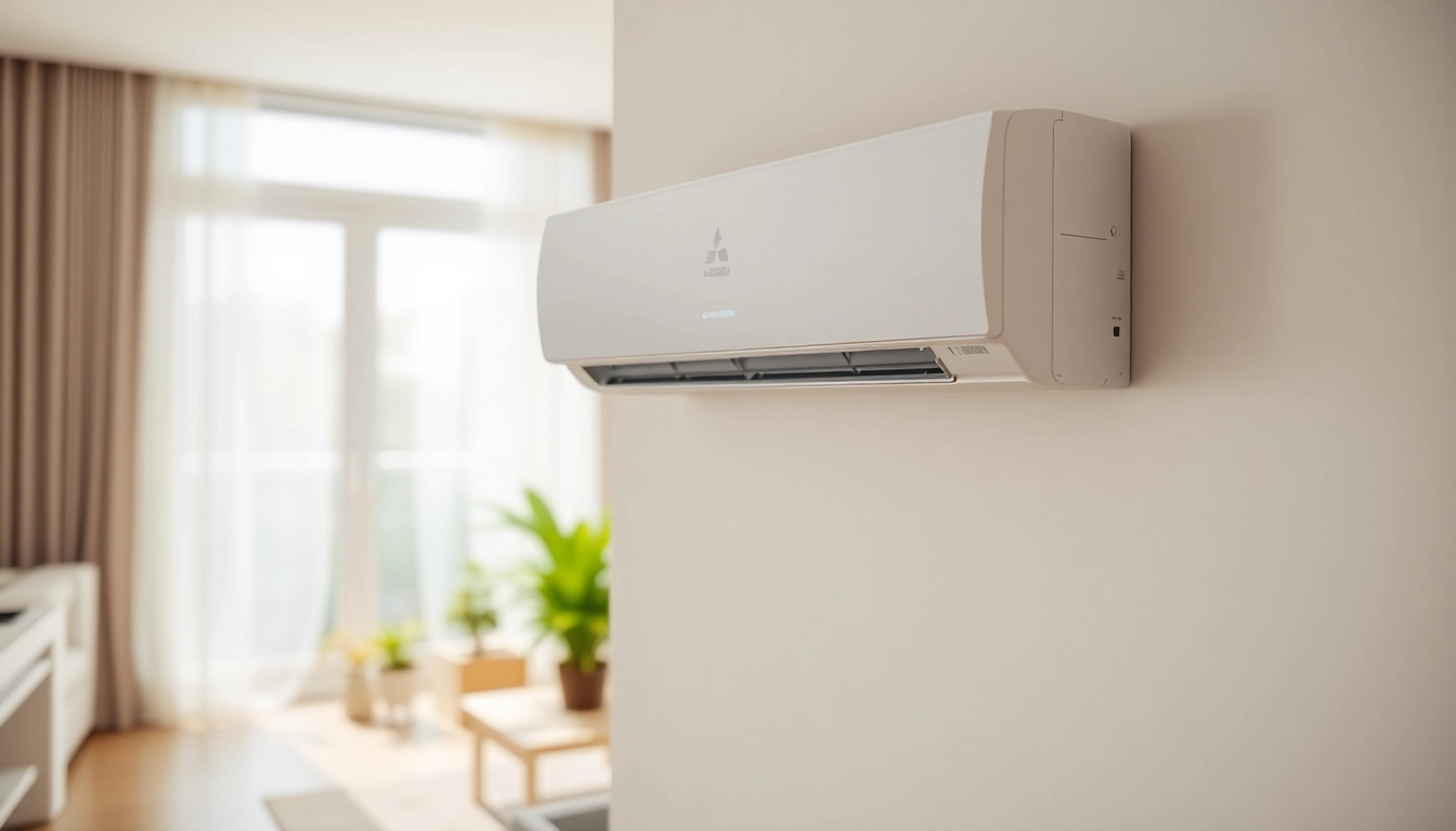 Install a Mitsubishi mini split ac in a stylish living room highlighting its modern design.