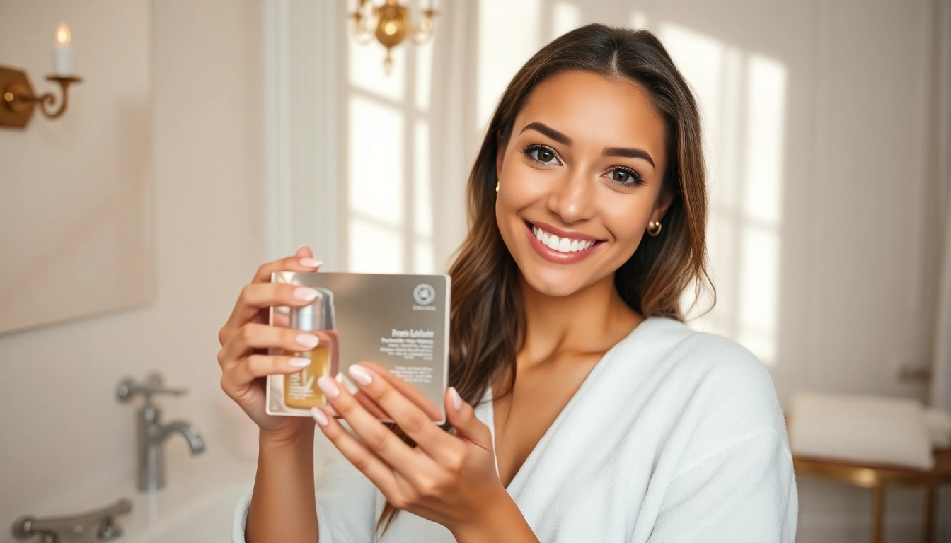 Model applying anal lightening kit in a serene bathroom, showcasing confidence and self-care.