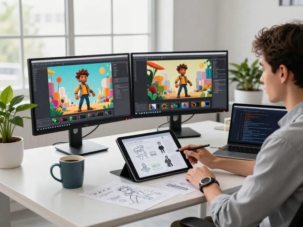 Innovative tech workspace with a creative professional using Kling motion ai for video generation, showcasing monitors and design tools.