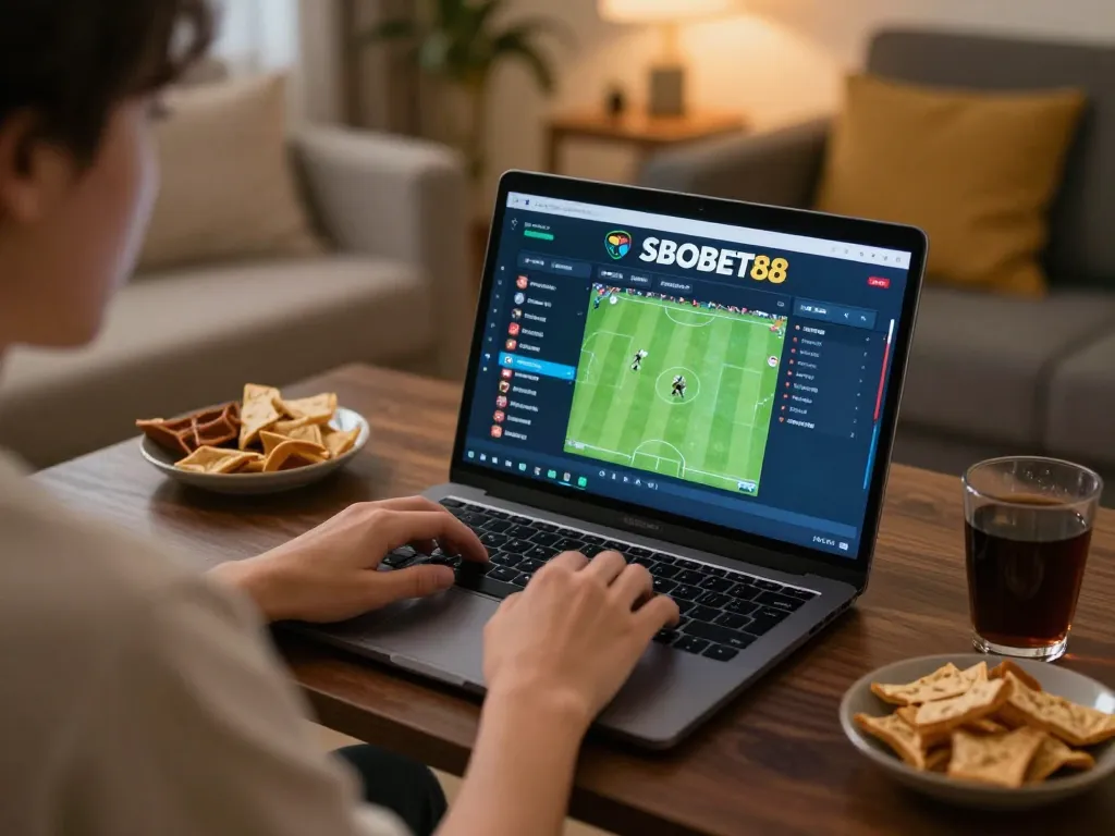 Antarmuka taruhan online SBOBET88 ditampilkan saat seseorang menghitung peluang olahraga di rumah