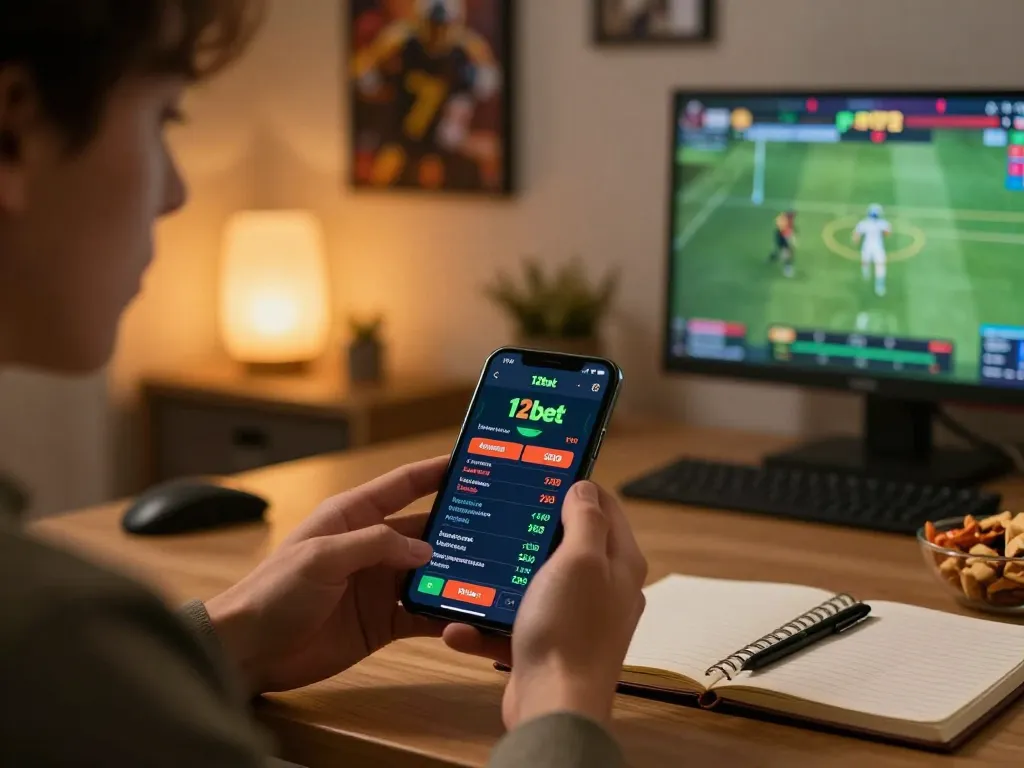 Người dùng gắn bó đang đặt cược trên ứng dụng 12bet trong một văn phòng tại nhà ấm cúng, nhấn mạnh vào việc cá cược thể thao trực tuyến.