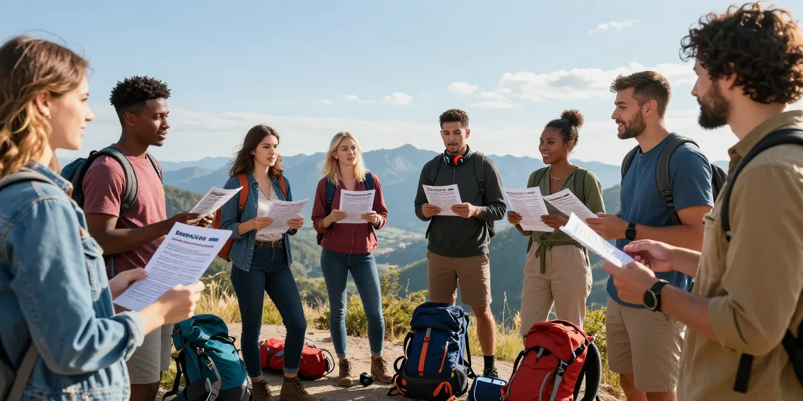Group of friends discussing how to get rid of a timeshare at a scenic viewpoint, surrounded by nature.