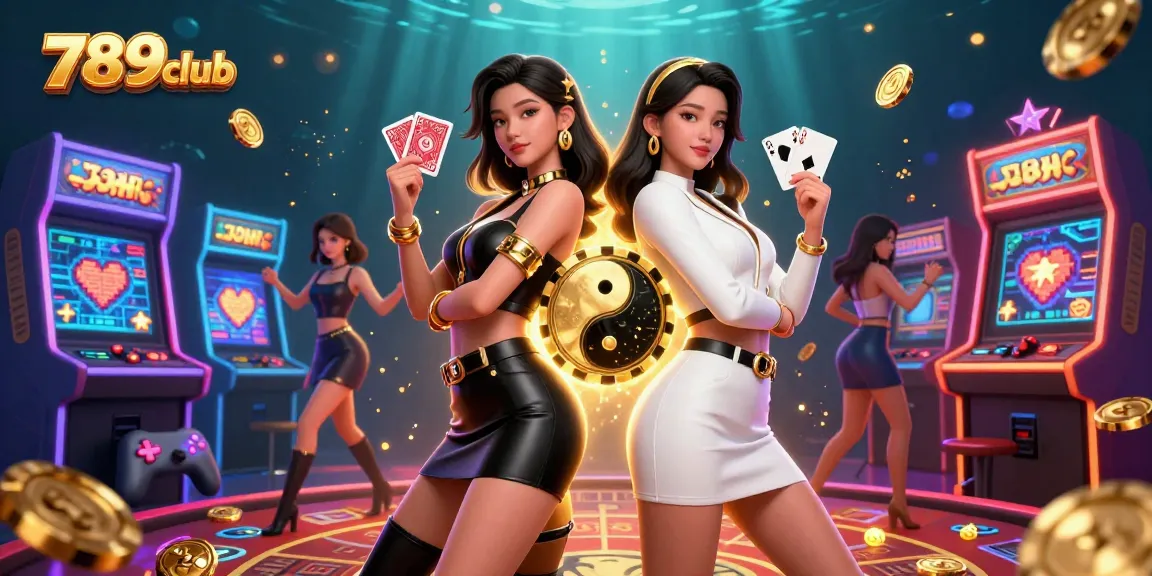 Experience thrilling gameplay with 789club, showcasing twin women holding cards amidst colorful casino elements.