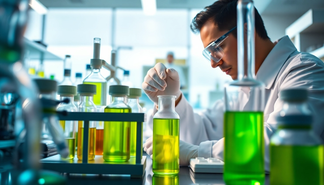 Researching peptide samples at https://hydroresearchpeptides.com/ with vibrant lab atmosphere and expert focus.
