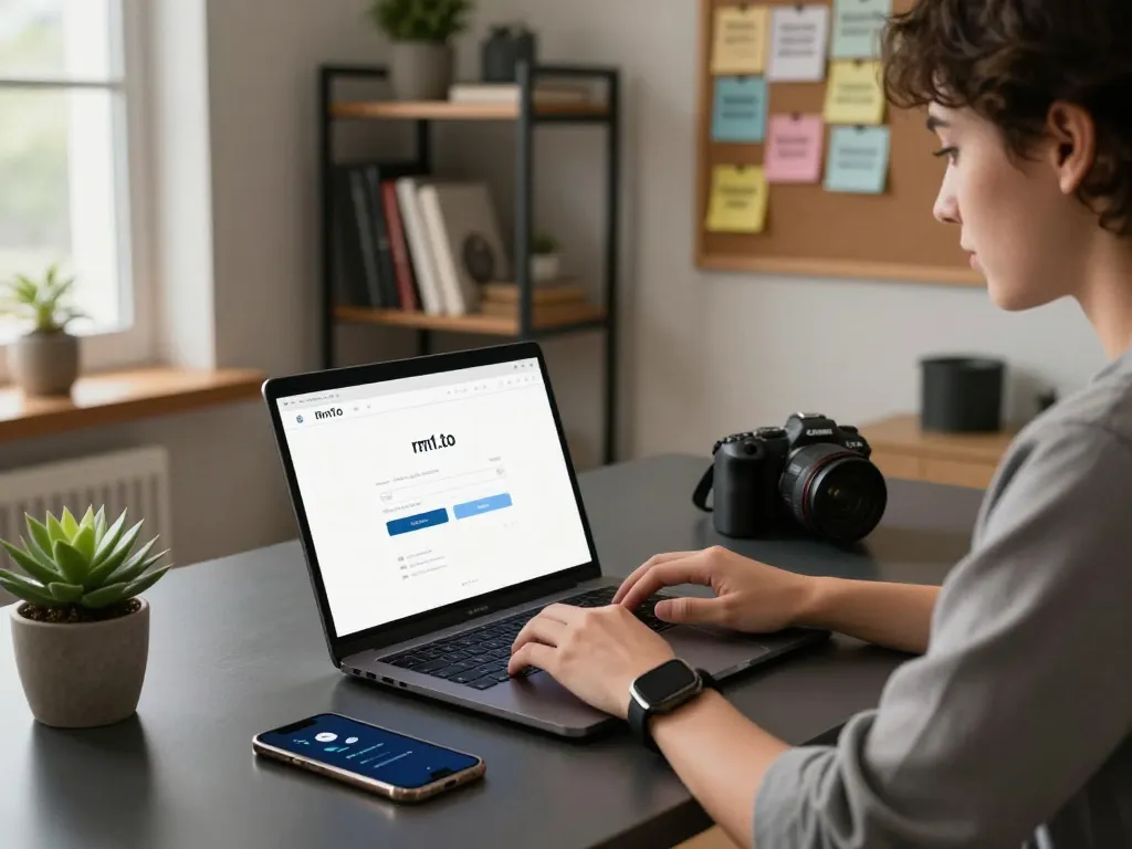 Professional user accessing rm1.to login page in modern home office.