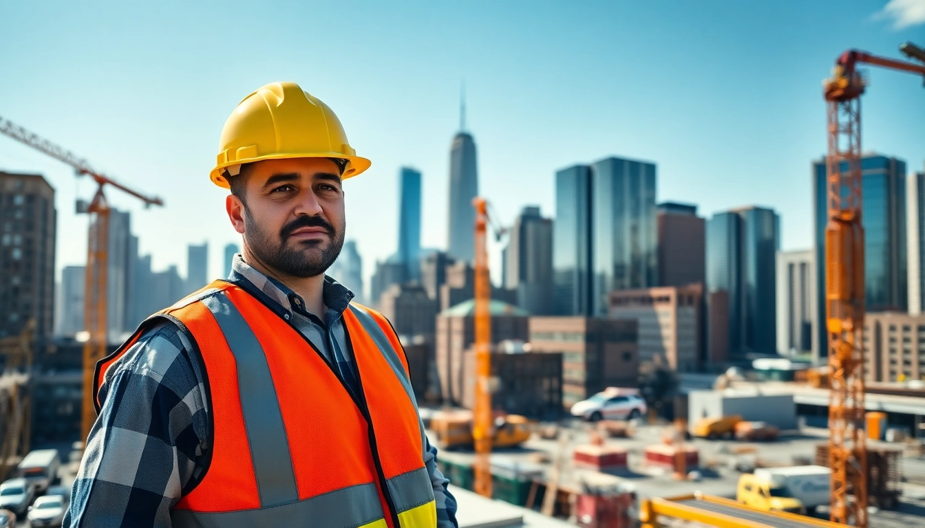 Manhattan commercial general contractor oversees construction site with urban skyline backdrop.